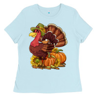 Baby Blue Thanksgiving turkey with pumpkin and sunflower Ladies Tee - NancyCooperArtShop
