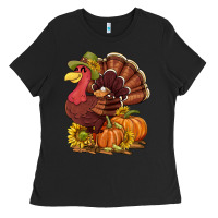 Black Thanksgiving turkey with pumpkin and sunflower Ladies Tee - NancyCooperArtShop