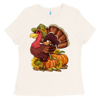 Bone Thanksgiving turkey with pumpkin and sunflower Ladies Tee - NancyCooperArtShop