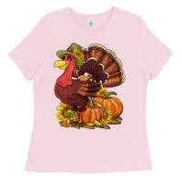 Bubblegum Pink Thanksgiving turkey with pumpkin and sunflower Ladies Tee - NancyCooperArtShop