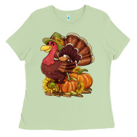 Matcha Thanksgiving turkey with pumpkin and sunflower Ladies Tee - NancyCooperArtShop