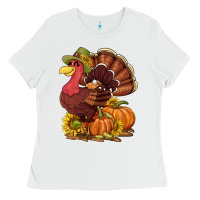 White Thanksgiving turkey with pumpkin and sunflower Ladies Tee - NancyCooperArtShop