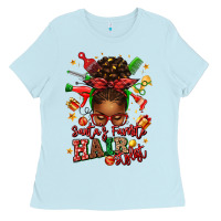 Baby Blue santas favorite hair stylist afro messy bun Ladies Tee - texasbilliewilder