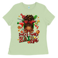 Matcha santas favorite hair stylist afro messy bun Ladies Tee - texasbilliewilder