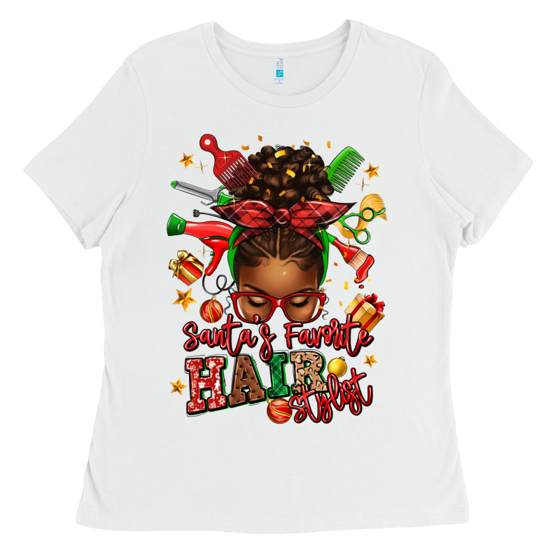 Santas Favorite Hair Stylist Afro Messy Bun Ladies Tee by texasbilliewilder | Teevron
