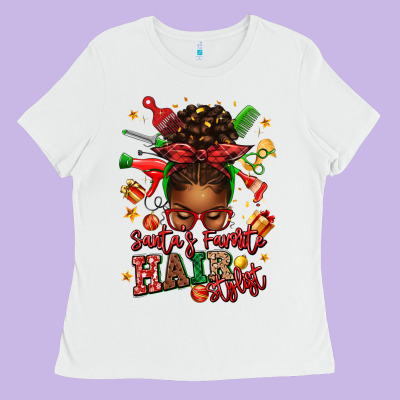 Santas Favorite Hair Stylist Afro Messy Bun Ladies Tee Designed By Texasbilliewilder