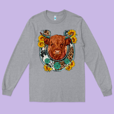 Western Leopard Cowhide Cow Horseshoe Long Sleeve Tee Designed By Oliviacreatesart