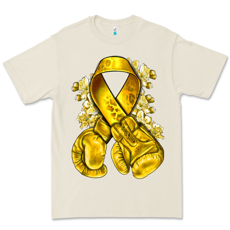 Childhood Cancer Yellow Ribbon With Boxing Gloves Premium Tee by NancyCooperArtShop | Teevron