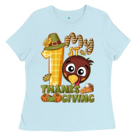 Baby Blue My 1st Thanksgiving with turkey Ladies Tee - NancyCooperArtShop