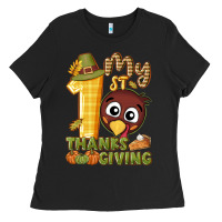 Black My 1st Thanksgiving with turkey Ladies Tee - NancyCooperArtShop