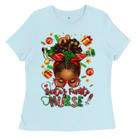 Baby Blue santa's favorite nurse afro messy bun Ladies Tee - texasbilliewilder