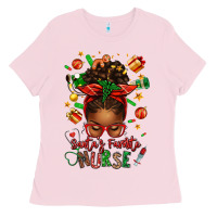 Bubblegum Pink santa's favorite nurse afro messy bun Ladies Tee - texasbilliewilder