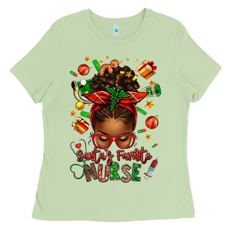 Santa's Favorite Nurse Afro Messy Bun Ladies Tee by texasbilliewilder | Teevron
