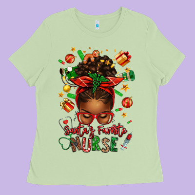 Santa's Favorite Nurse Afro Messy Bun Ladies Tee Designed By Texasbilliewilder