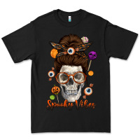 Black Spooky Vibes Skull Messy Bun Premium Tee - texasbilliewilder