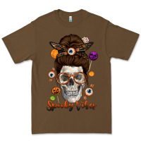 Cacao Spooky Vibes Skull Messy Bun Premium Tee - texasbilliewilder