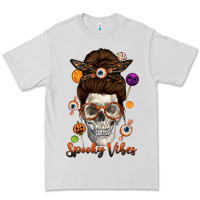 Dove Grey Spooky Vibes Skull Messy Bun Premium Tee - texasbilliewilder