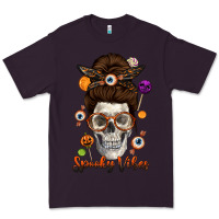 Plum Spooky Vibes Skull Messy Bun Premium Tee - texasbilliewilder