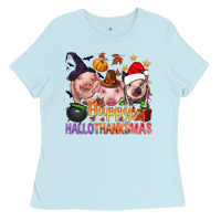 Baby Blue Happy Hallothanksmas Pigs Ladies Tee - NancyCooperArtShop