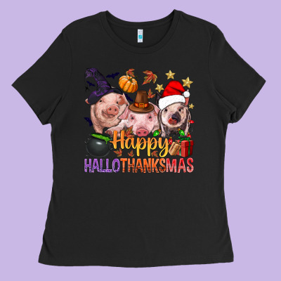 Happy Hallothanksmas Pigs Ladies Tee Designed By Nancycooperartshop