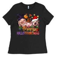 Black Happy Hallothanksmas Pigs Ladies Tee - NancyCooperArtShop