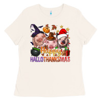 Bone Happy Hallothanksmas Pigs Ladies Tee - NancyCooperArtShop