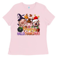 Bubblegum Pink Happy Hallothanksmas Pigs Ladies Tee - NancyCooperArtShop
