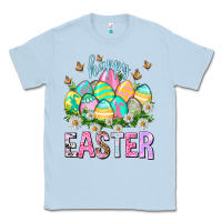 Dusty Blue Happy Easter with eggs Easter Day Classic Tee - HowdyJamesFarm