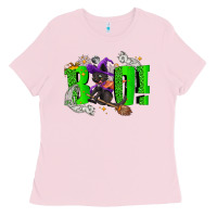 Bubblegum Pink Boo! with black cat Halloween Ladies Tee - NancyCooperArtShop