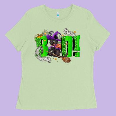 Boo! With Black Cat Halloween Ladies Tee Designed By Nancycooperartshop