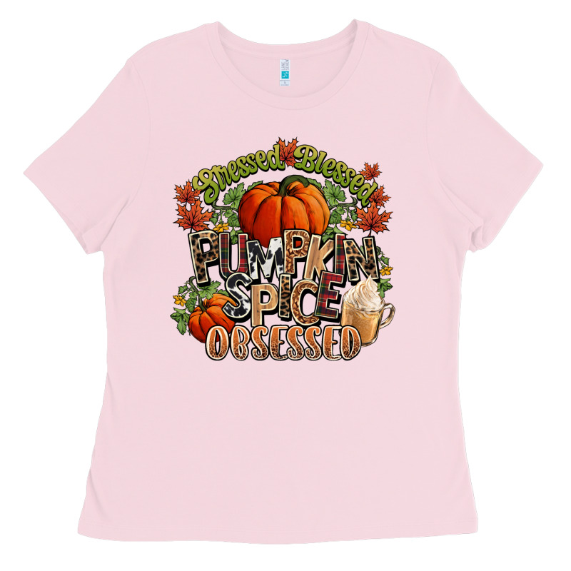 Stressed Blessed Pumpkin Spice Obsessed Fall Ladies Tee by NancyCooperArtShop | Teevron
