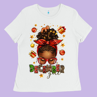December Girl Christmas Afro Messy Bun Ladies Tee Designed By Texasbilliewilder