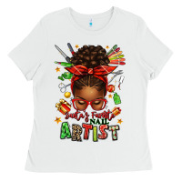 Santa's Favorite Nail Artist Afro Messy Bun Ladies Tee | Teevron
