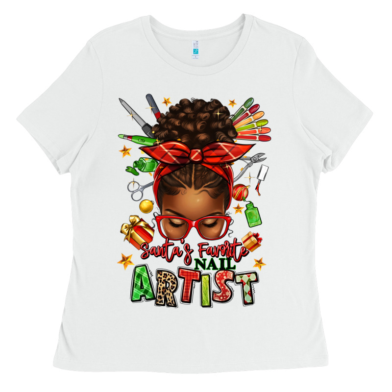 Santa's Favorite Nail Artist Afro Messy Bun Ladies Tee by texasbilliewilder | Teevron