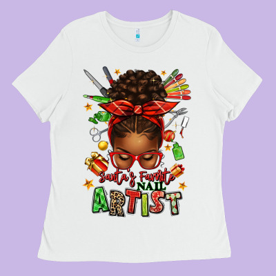 Santa's Favorite Nail Artist Afro Messy Bun Ladies Tee Designed By Texasbilliewilder