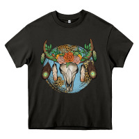 Asphalt floral feather bull skull Heavy Core Tee - JahusDesignShop