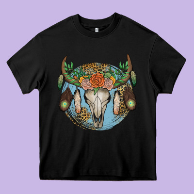 Floral Feather Bull Skull Heavy Core Tee Designed By Jahusdesignshop