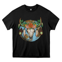Black floral feather bull skull Heavy Core Tee - JahusDesignShop