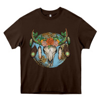 Chocolate Brown floral feather bull skull Heavy Core Tee - JahusDesignShop