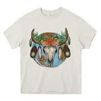 Cream floral feather bull skull Heavy Core Tee - JahusDesignShop
