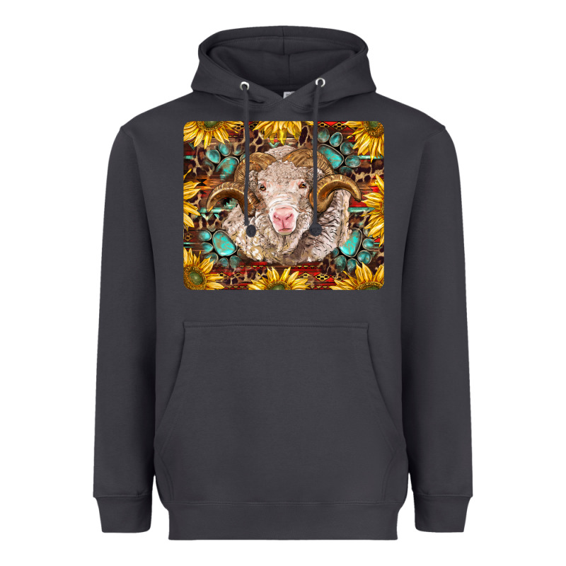 Merino Ram With Sunflowers And Gemstone Mousepad Heavyweight Hoodie by BarkalooDesign | Teevron
