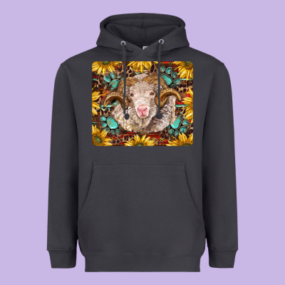 Merino Ram With Sunflowers And Gemstone Mousepad Heavyweight Hoodie Designed By Barkaloodesign