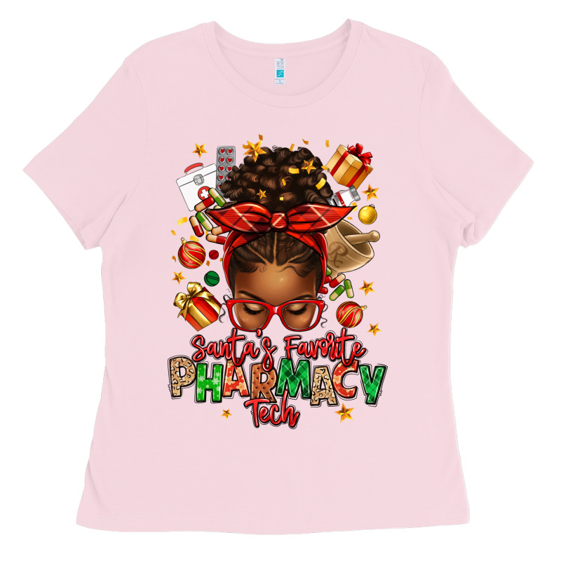 Santas Favorite Pharmacy Tech Afro Messy Bun Ladies Tee by texasbilliewilder | Teevron