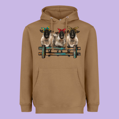 3 Sheeps Suffolk Ewe With Bandanas And Fence Heavyweight Hoodie Designed By Barkaloodesign