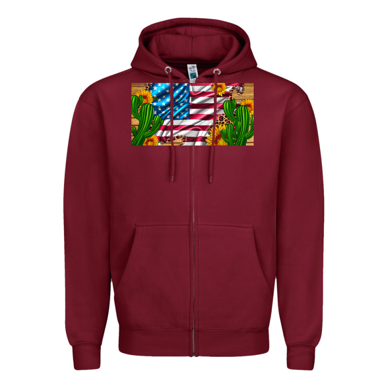 Usa Flag And Cactus And Sunflowers With Leopard And Wood License  Plat Zipper Hoodie by Artiststas | Teevron