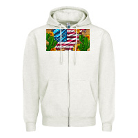 Oatmeal Heather usa flag and cactus and sunflowers with leopard and wood license  plat Zipper Hoodie - Artiststas