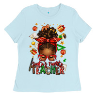 Baby Blue santa's favorite teacher afro messy bun Ladies Tee - texasbilliewilder