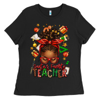 Black santa's favorite teacher afro messy bun Ladies Tee - texasbilliewilder
