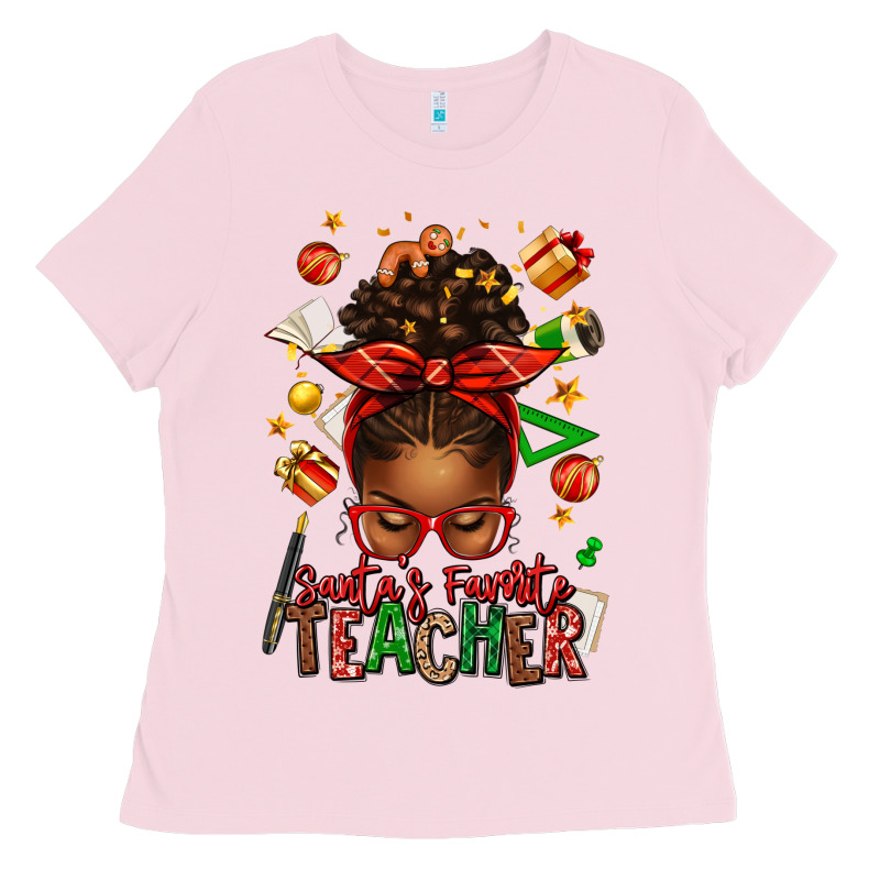 Santa's Favorite Teacher Afro Messy Bun Ladies Tee by texasbilliewilder | Teevron