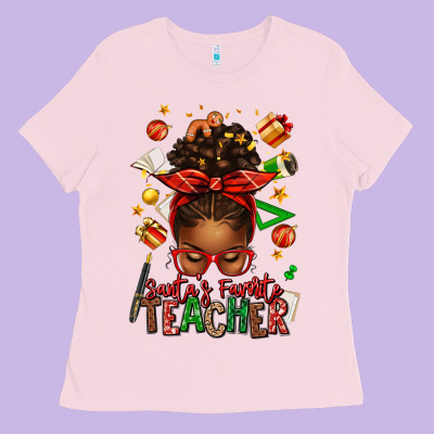 Santa's Favorite Teacher Afro Messy Bun Ladies Tee Designed By Texasbilliewilder